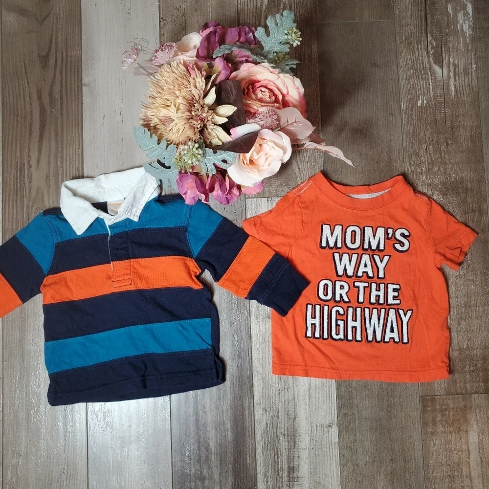 Orange and Blue Baby Boy 100% Cotton Top Shirt Bundle Size 6-12m 2pc NWOT